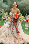 Off The Shoulder Colorful Embrioiderey Puffy Mesh Wedding Dress