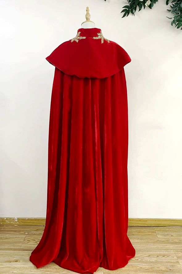 Red Velvet Long Women Cape Winter Cloak With Gold Appliques