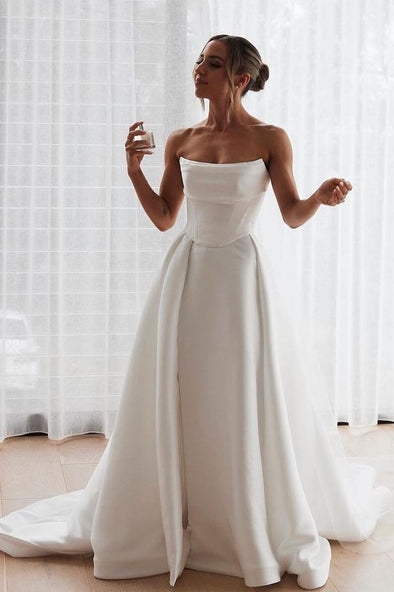 Pleat Satin A LIine Princess Wedding Dresses Side Slit Split