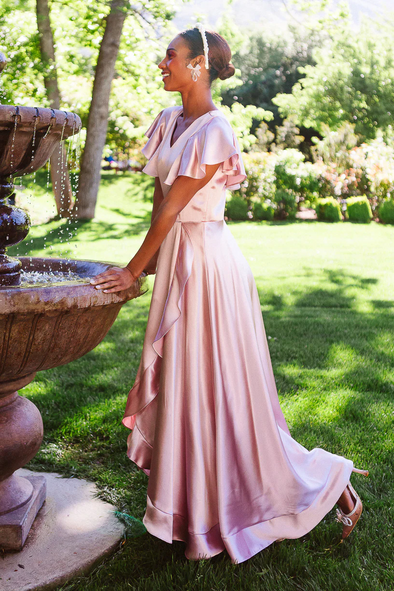 V Neck Dusty Pink High Low Bridesmaid Dress