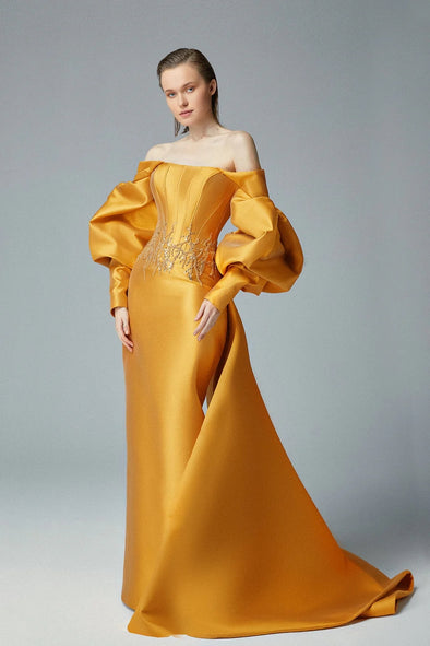 Gold Long Formal Evening Dress Puffy Off Shoulder Sleeves