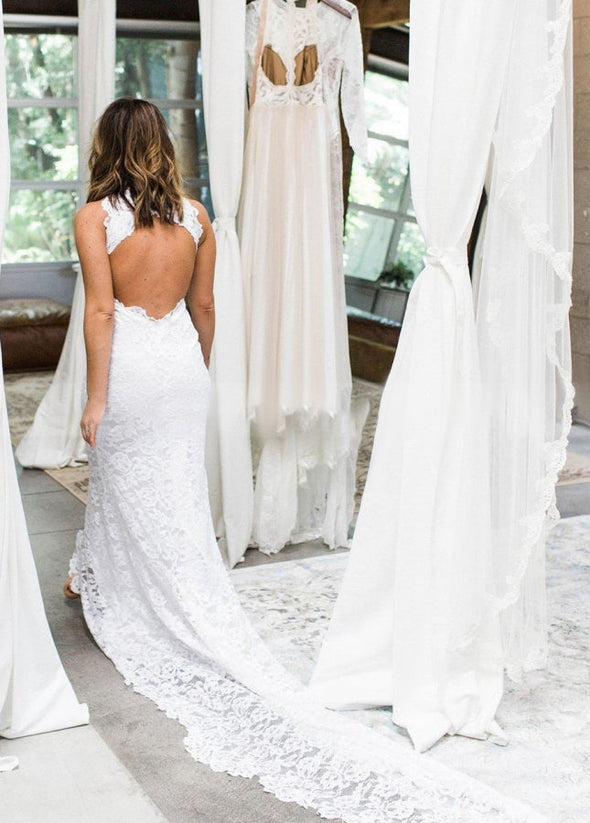 Boho Style Chic Mermaid Sleeveless Lace Appliques Wedding Dress