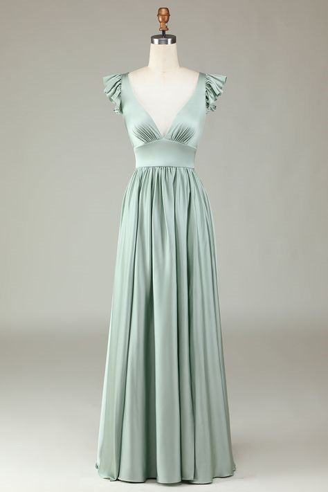 A Line Green Long Bridesmaid Dress With Ruffles