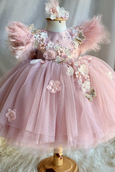 Dusty Pink Flower Girl Dress Party Gown With 3D Flowers Feathers