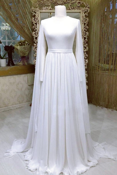 Long Sleeves Scoop Neck Chiffon A Line Wedding Dress