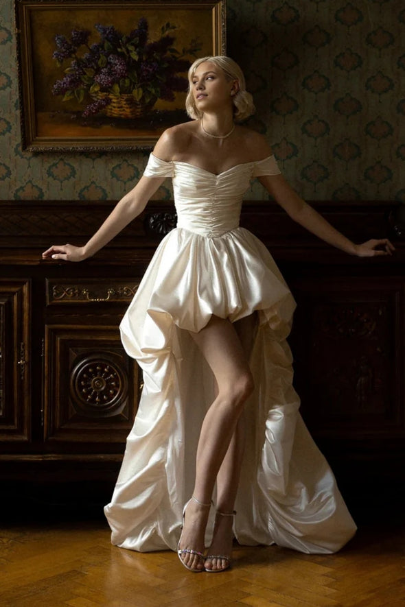 Short Front Long Back Satin Wedding Dress Off The Shoulder