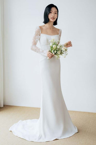 Lace Sleeves Long Simple Sheath Wedding Dress