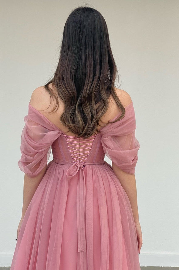 Dusty Pink Off The Shoulder A Line Prom Dresses