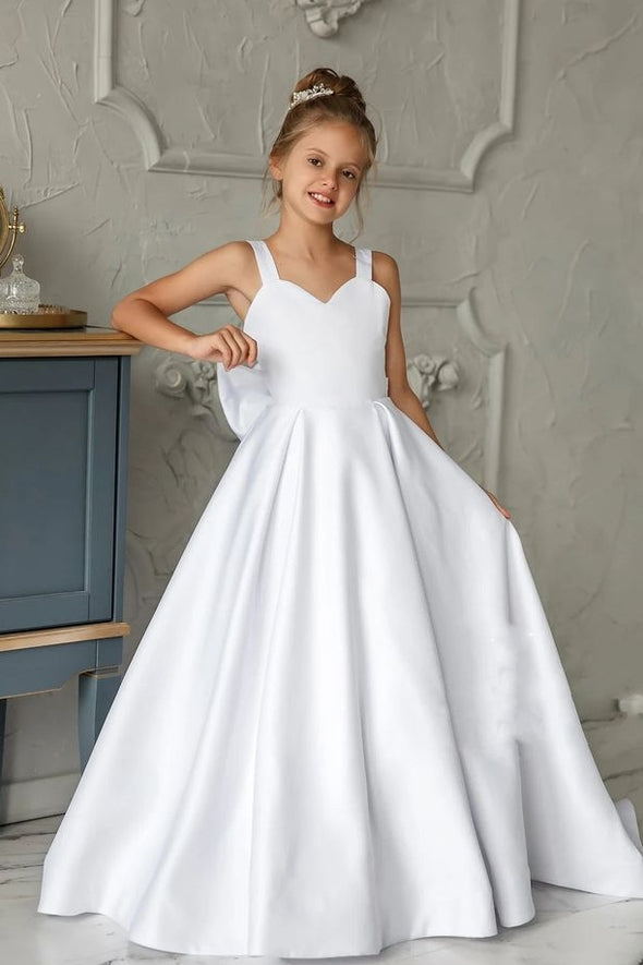 White Satin A Line Flower Girl Dress Backless With Bow