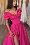 Hot Pink A Line Satin Prom Dress With Slit