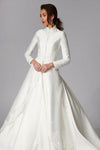 High Neck Long Sleeve Satin Applique Button Wedding Gown Sweep Train