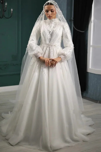 Luxury Beads Sequins Long Wedding Dress High Collar Full Sleeves