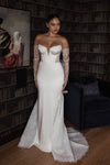 V-neck Satin Mermaid Wedding Dresses Removeable Lace Sleeves