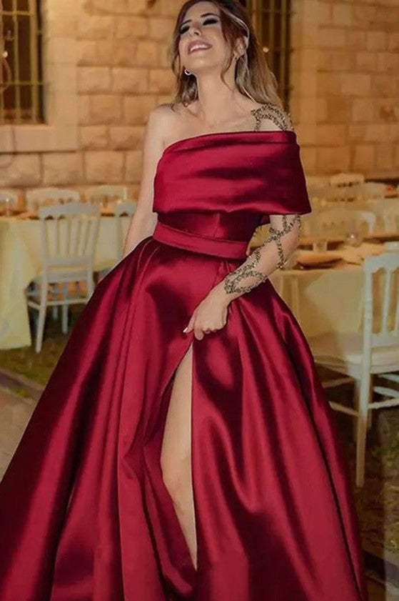 One Shoulder A Line Red Satin Slit Prom Gown