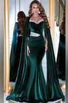 Green Cape Sleeve Velvet Evening Gown