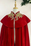 Red Velvet Long Women Cape Winter Cloak With Gold Appliques