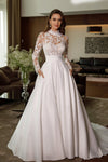 Vintage High Neck Full Sleeves Lace Satin A Line Wedding Dreses