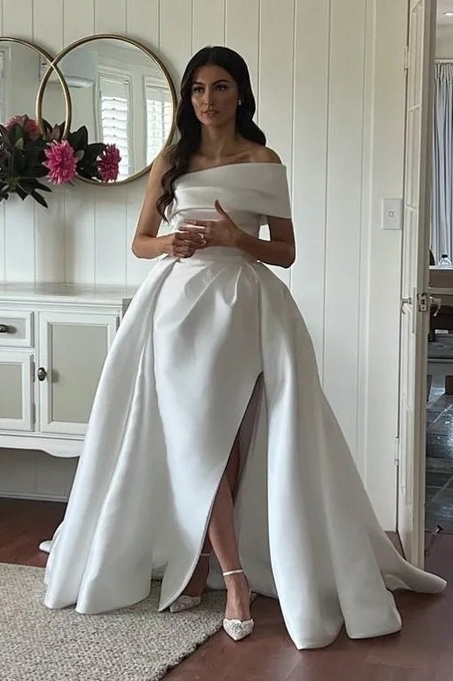 One Shoulder Sheath Satin Wedding Dresses With Detachable Train