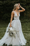 Two Straps V-neck Exposed Boning Grey Tulle Wedding Dress