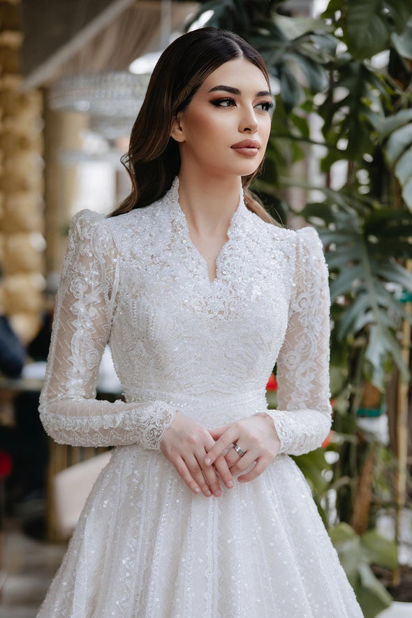 Luxury Wedding Dresses Beading Sequins V Neck Long Sleeves