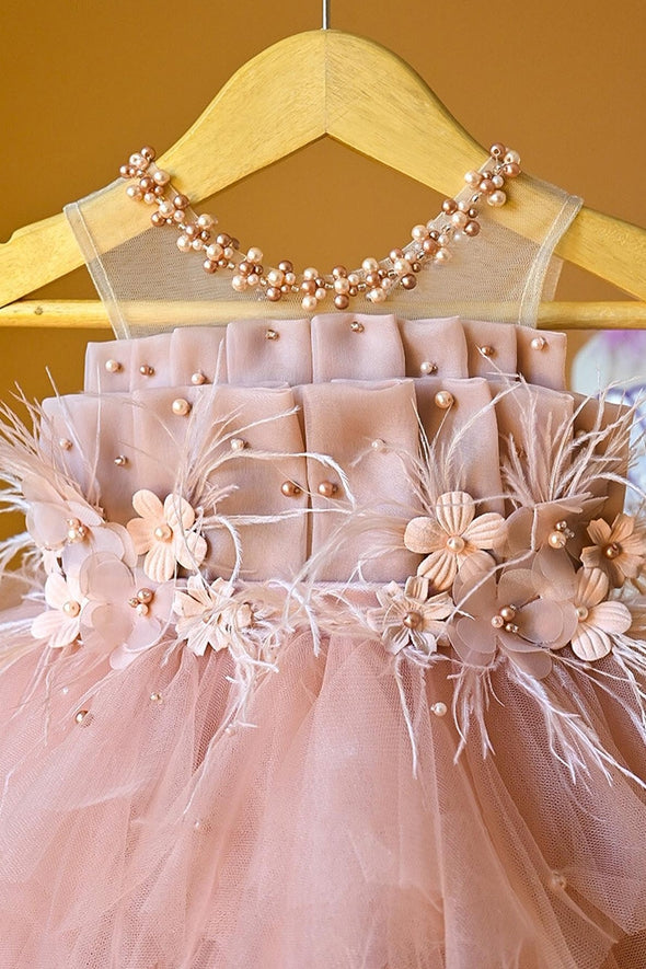 Pink Tulle Flower Girl Dress With Feathers