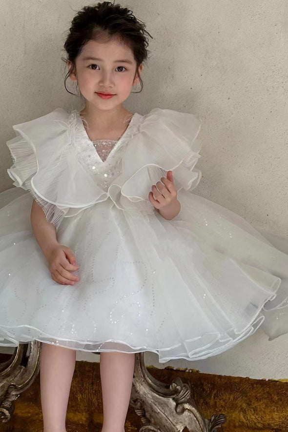 White High Low Ball Gown Flower Girl Party Dress