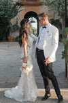 Mermaid V Neck Tulle Lace Sleeveless Ivory Wedding Dresses