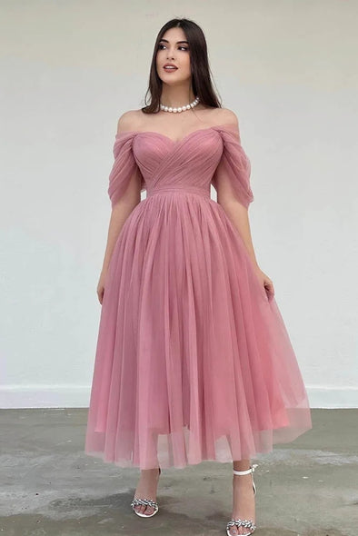 Dusty Pink Off The Shoulder A Line Prom Dresses