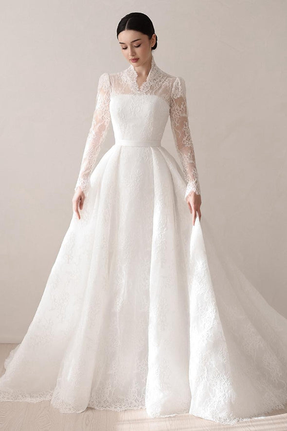 Exquisite Lace Wedding Dress V Neck Full Sleeves