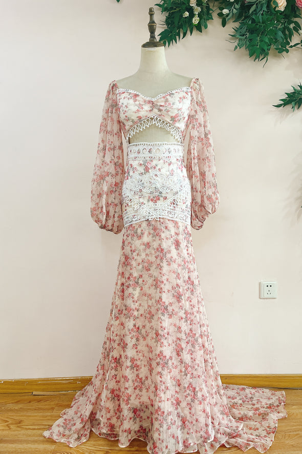 Printed Floral Chiffon Boho Wedding Dress