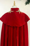 Red Velvet Long Women Cape Winter Cloak With Gold Appliques