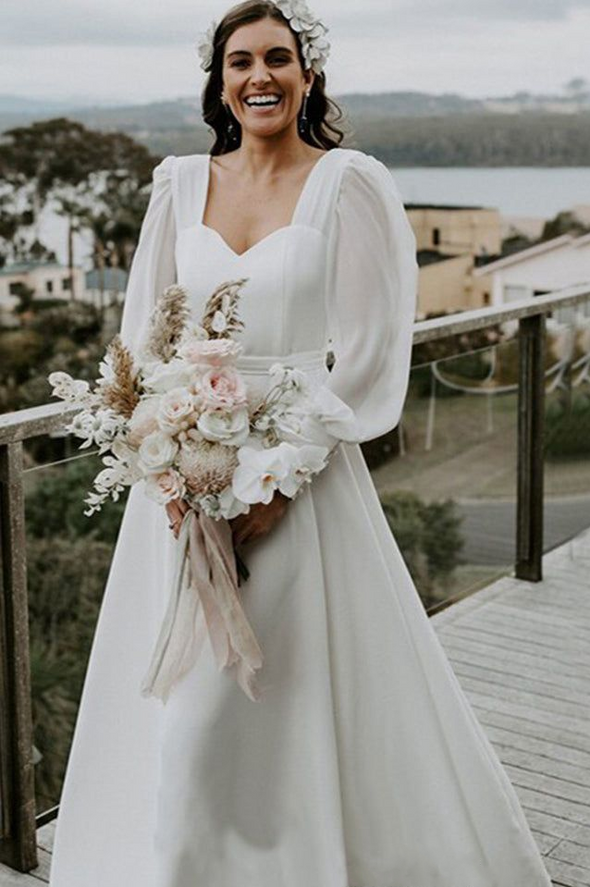 Simple Long Sleeves Sweetheart A-line Long Wedding Dress