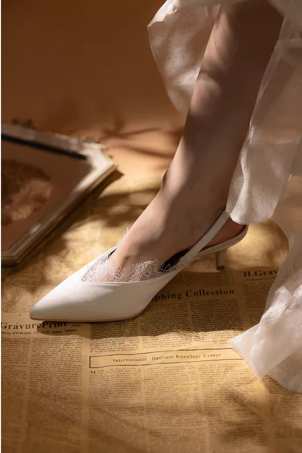 French style Eyelash Lace Pointed Toe Stiletto Wedding Shoes