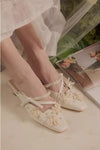 Bows Pearls Thick Heels Square-toed Half-slippers Bridal Gown Shoes