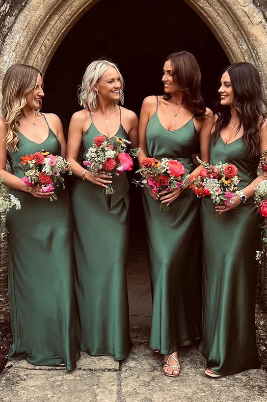 Simple Green Long Spaghetti Strap Bridesmaid Dress