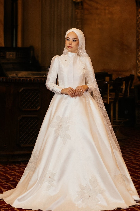 High Neck Full Sleeves Embroidery Muslim Wedding Gown