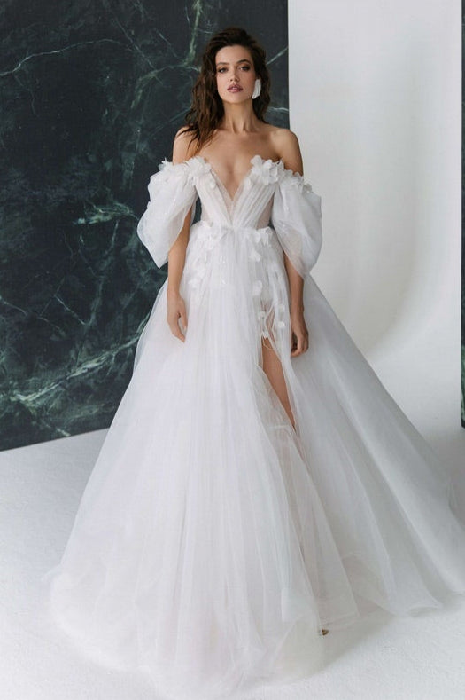 3D FlowerWedding Dresses with Detachable Sleeves