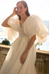 Simple A Line Wedding Dress V Neck With Detachable Sleeves