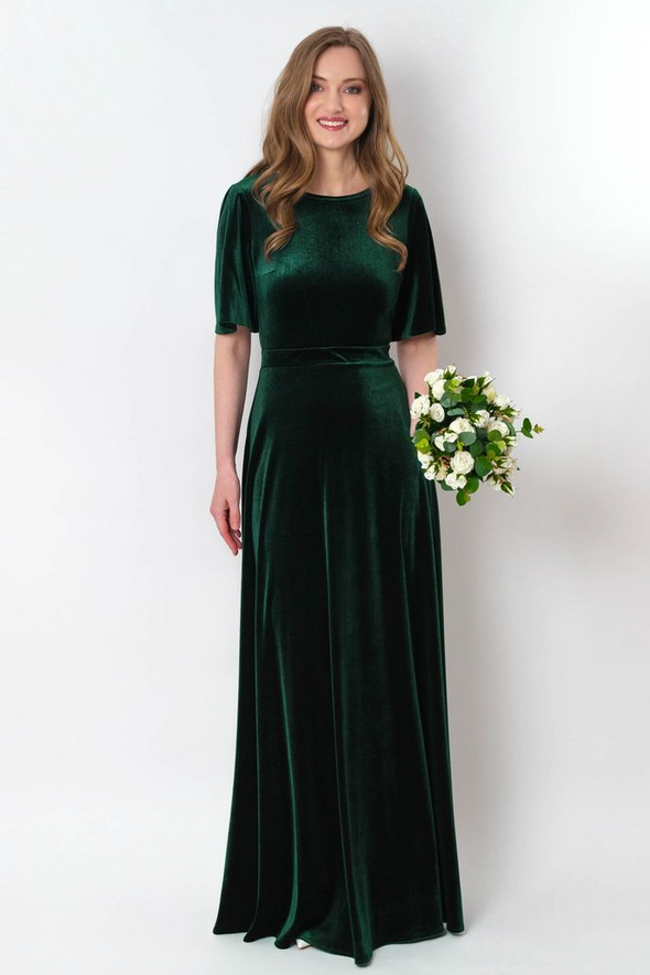 Green Velvet Short Sleeves A Line Bridesmaid Dress