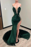 Sweetheart Dark Green Prom Dress Velvet Mermaid Slit With Beads