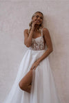 Elegant Straps Lace Applique Boho Beach A Line Wedding Dresses