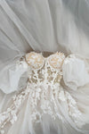 Short Puff Sleeves 3D lace Wedding Dresses Champagne Line