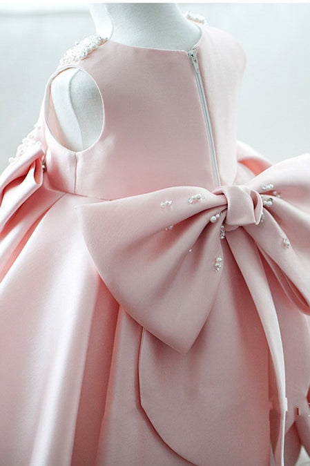 Pink Satin Ball Gown Flower Girl Dress With Pearls