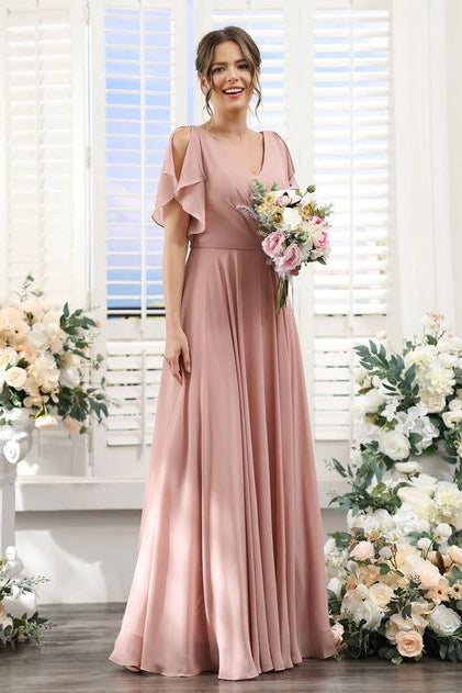 Dusty Pink Chiffon A Line Long Bridesmaid Gown Split