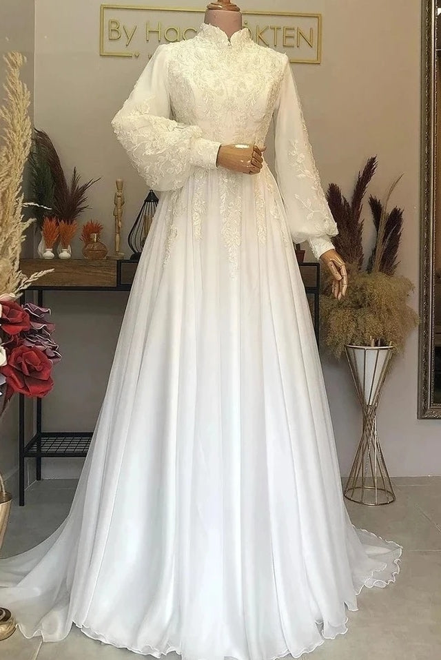 Modest Long Chiffon Muslim Wedding Dress With Stand Neck – TANYA BRIDAL