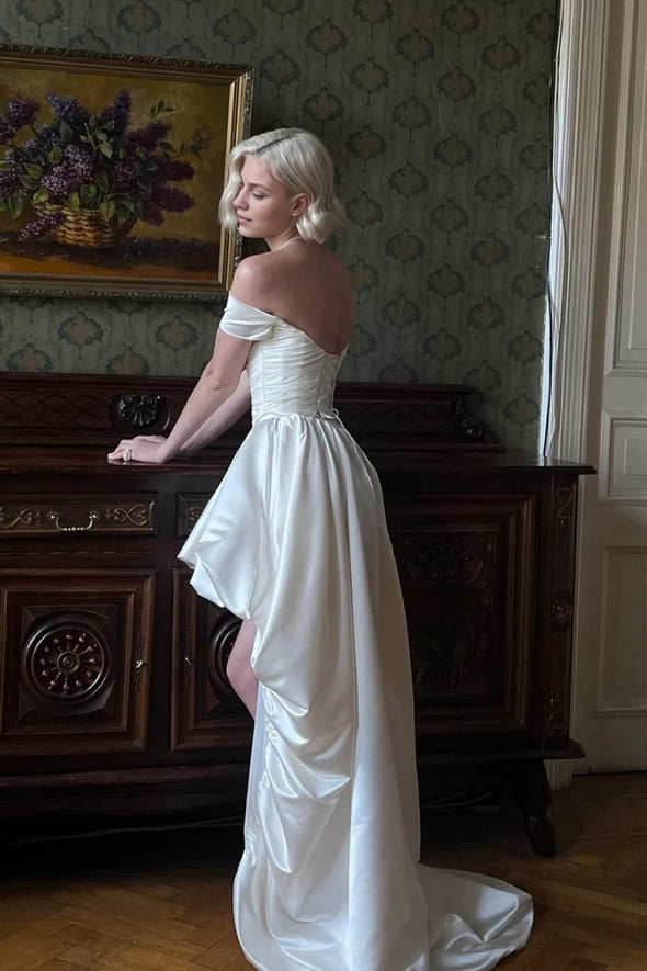 Short Front Long Back Satin Wedding Dress Off The Shoulder