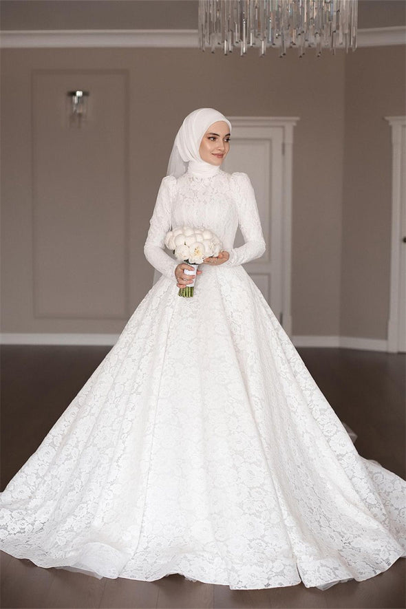 Long Sleeve Lace Muslim Wedding Dress Vintage Bridal Gown