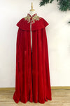 Red Velvet Long Women Cape Winter Cloak With Gold Appliques