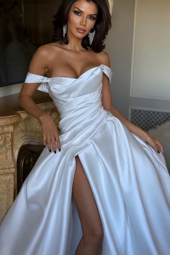 Satin A Line Wedding Dresses Side Slit Wedding Dress