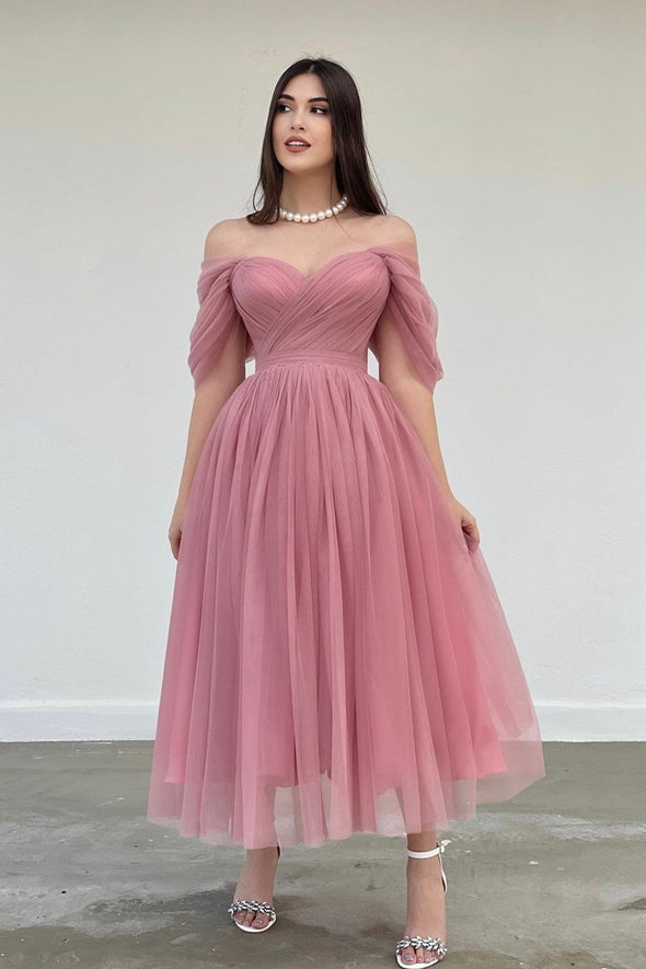 Dusty Pink Off The Shoulder A Line Prom Dresses